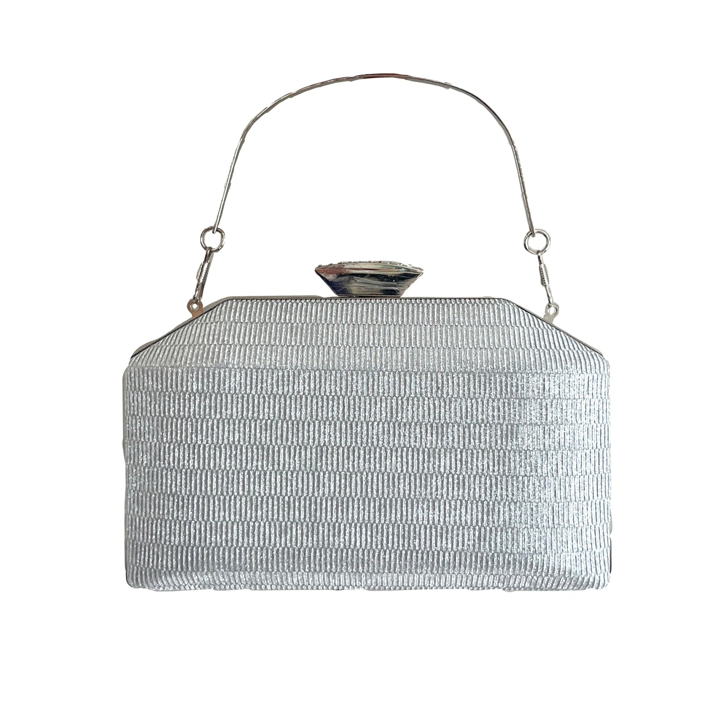 premium silver colored clutch purse bag in high quality fabric with crystal rhinestone work with 2 optional handles and securely locking clutch in an attractive pattern by Oviya