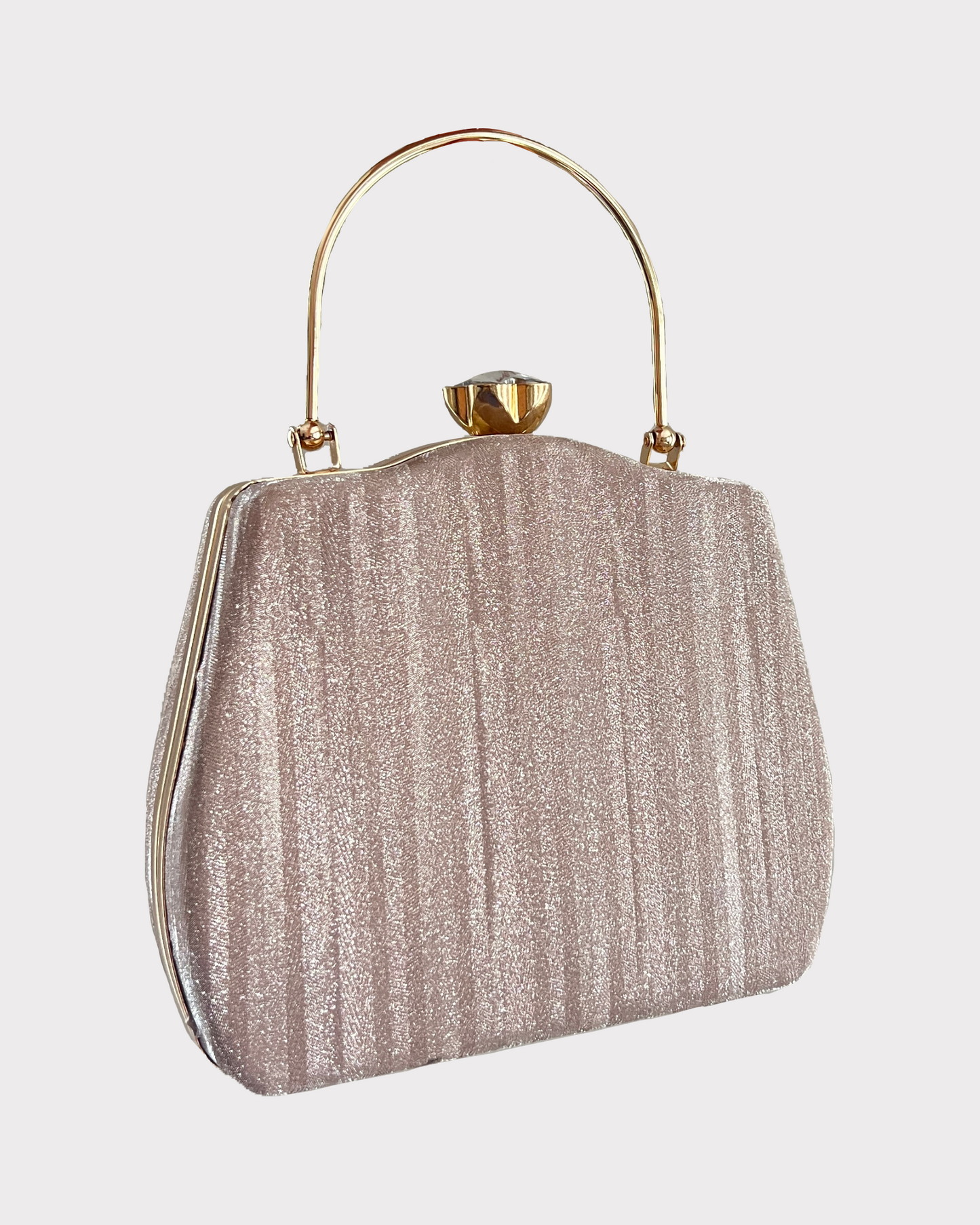 pink rose gold colored clutch purse bag in high quality fabric with crystal rhinestone work with 2 optional handles and securely locking clutch in an attractive pattern by Oviya