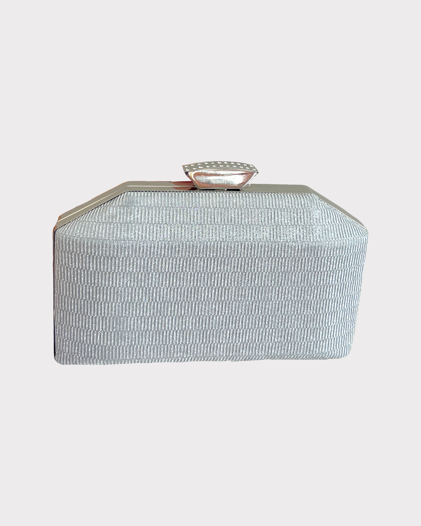 premium silver colored clutch purse bag in high quality fabric with crystal rhinestone work with 2 optional handles and securely locking clutch in an attractive pattern by Oviya