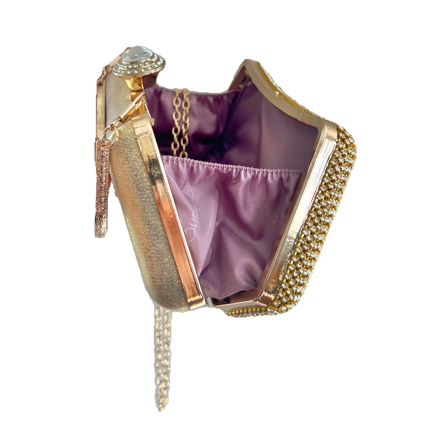 premium gold colored clutch purse bag in crystal rhinestone work with 2 optional handles and securely locking clutch in an attractive pattern by Oviya
