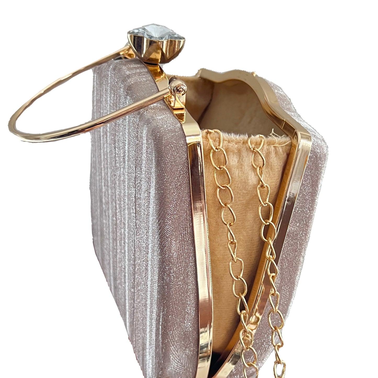 premium gold colored clutch purse bag in high quality fabric with crystal rhinestone work with 2 optional handles and securely locking clutch in an attractive pattern by Oviya