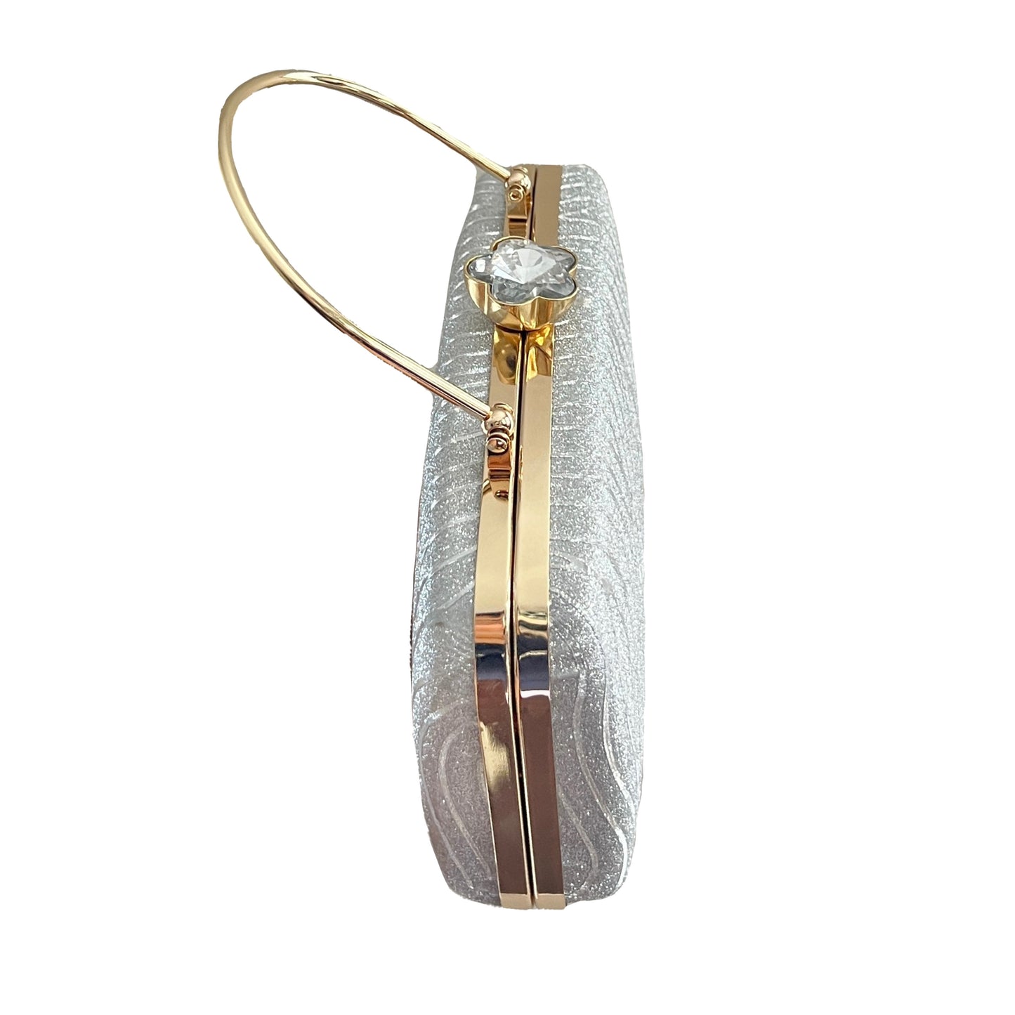 premium silver gold colored clutch purse bag in high quality fabric with crystal rhinestone work with one permanent handle and other optional handles and securely locking clutch in an attractive pattern by Oviya