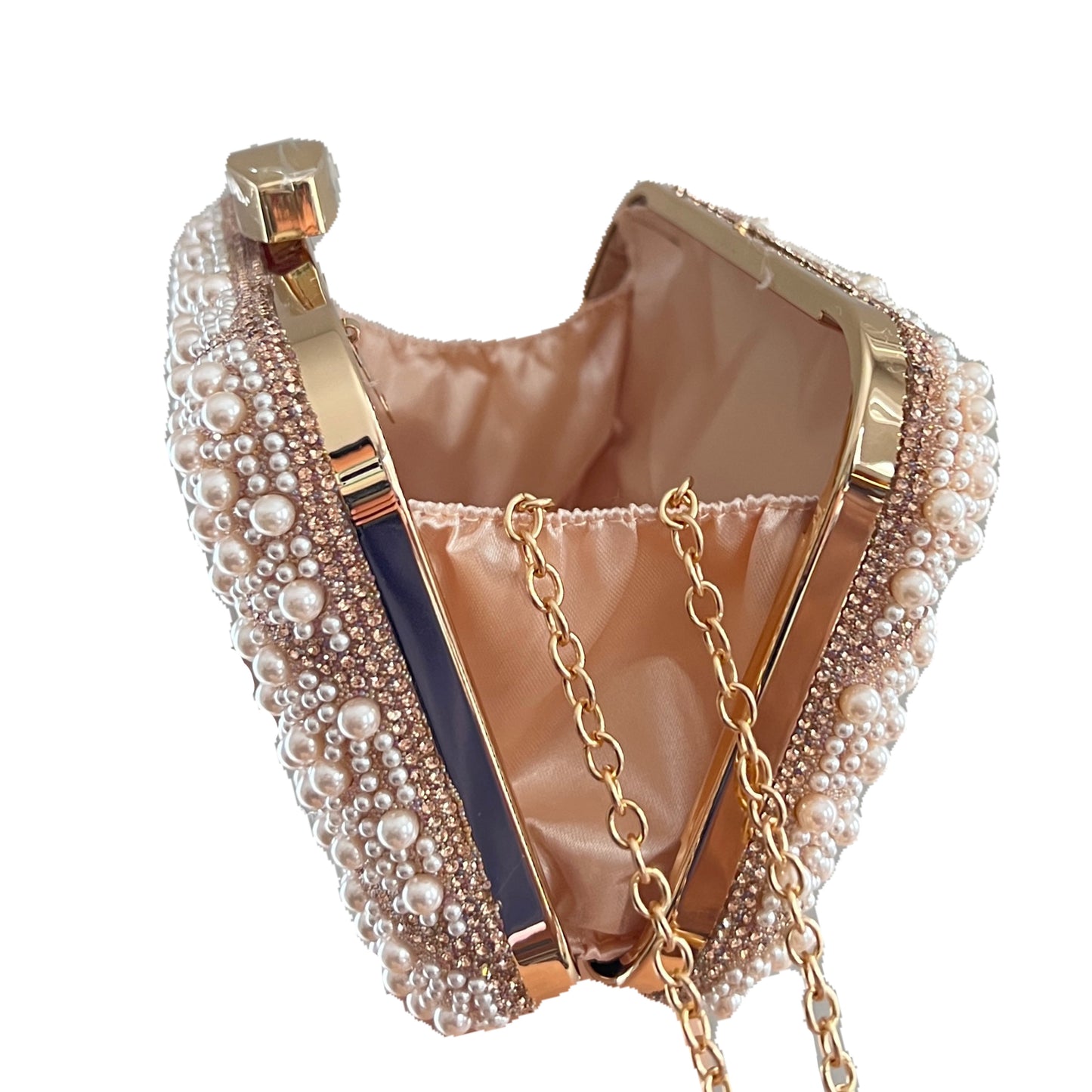 premium pink rose gold colored clutch purse bag in hpearls AND crystal rhinestone work with 2 optional handles and securely locking clutch in an attractive pattern by Oviya