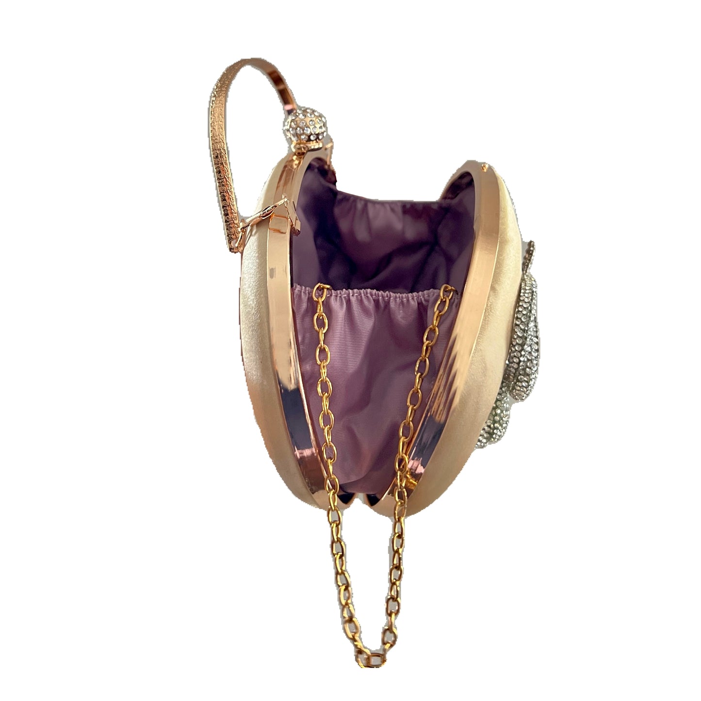 premium gold colored clutch purse bag in high quality fabric with crystal rhinestone work forming a butterfly with 2 optional handles and securely locking clutch in an attractive pattern by Oviya