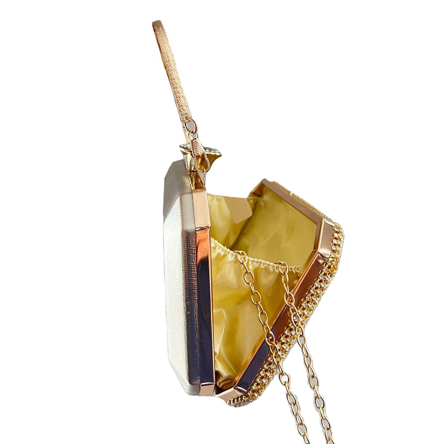 premium gold colored clutch bag with rhinestones work and crystal in an attractive pattern by Oviya