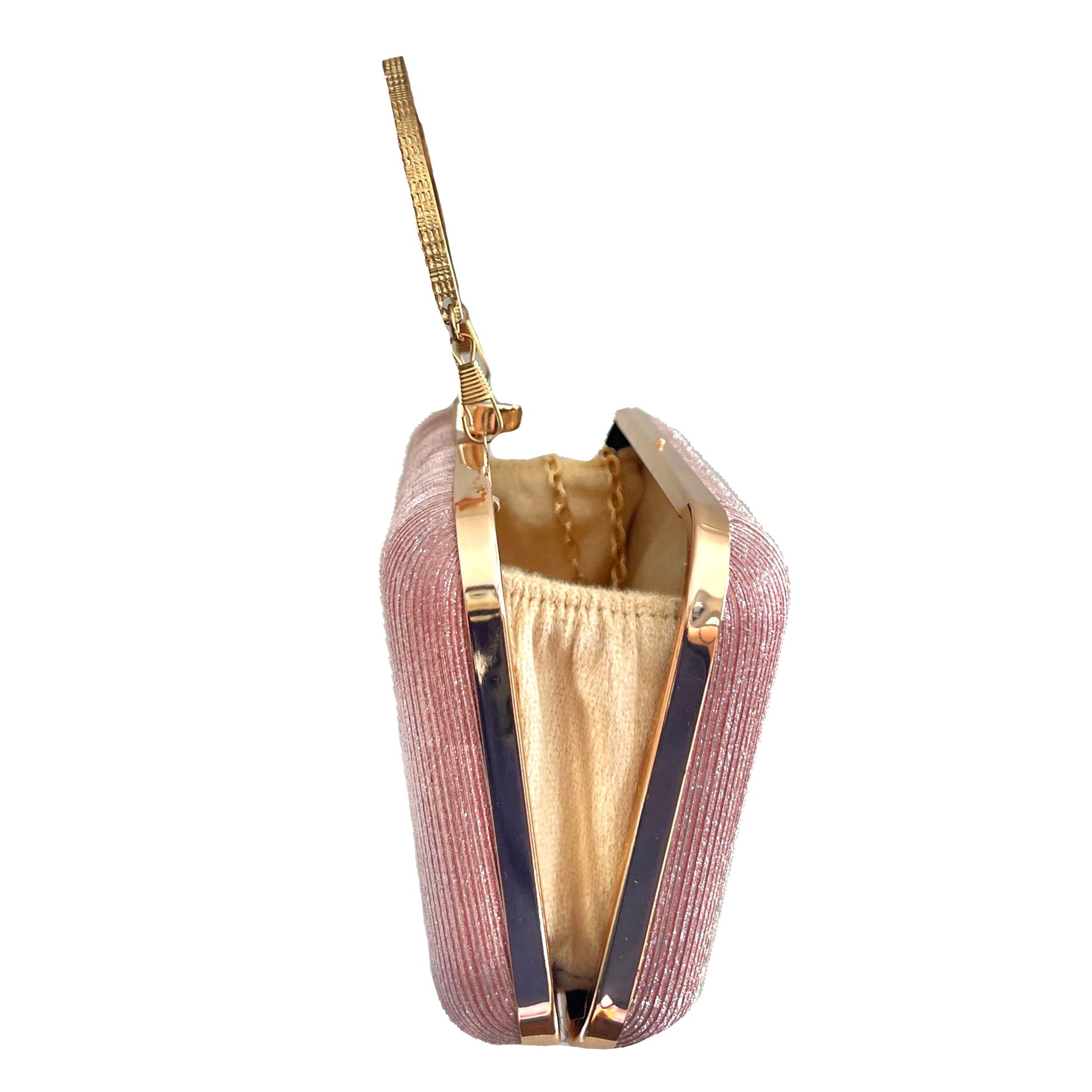 premium pink rose gold colored clutch purse bag in high quality fabric with crystal rhinestone work with 2 optional handles and securely locking clutch in an attractive pattern by Oviya 
