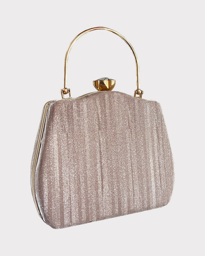 pink rose gold colored clutch purse bag in high quality fabric with crystal rhinestone work with 2 optional handles and securely locking clutch in an attractive pattern by Oviya 
