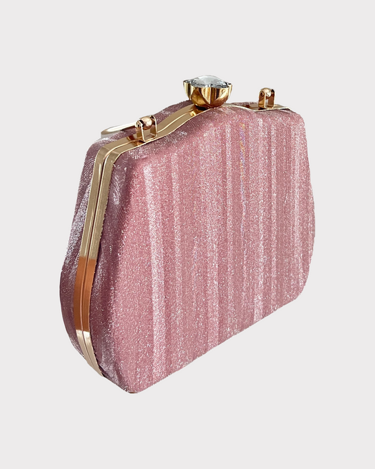 premium pink gold colored clutch purse bag in high quality fabric with crystal rhinestone work with optional handles and securely locking clutch in an attractive pattern by Oviya 