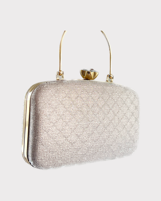 premium pink rose gold colored clutch purse bag in high quality fabric with crystal rhinestone work with one fixed handle and one optional handles and securely locking clutch in an attractive pattern by Oviya 