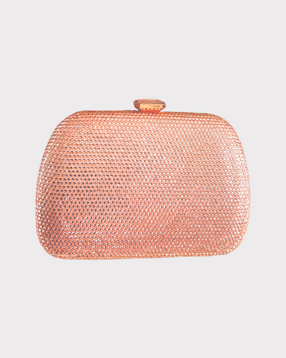 premium pink rose gold colored clutch purse bag with crystal rhinestone work with 2 optional handles and securely locking clutch in an attractive pattern by Oviya 