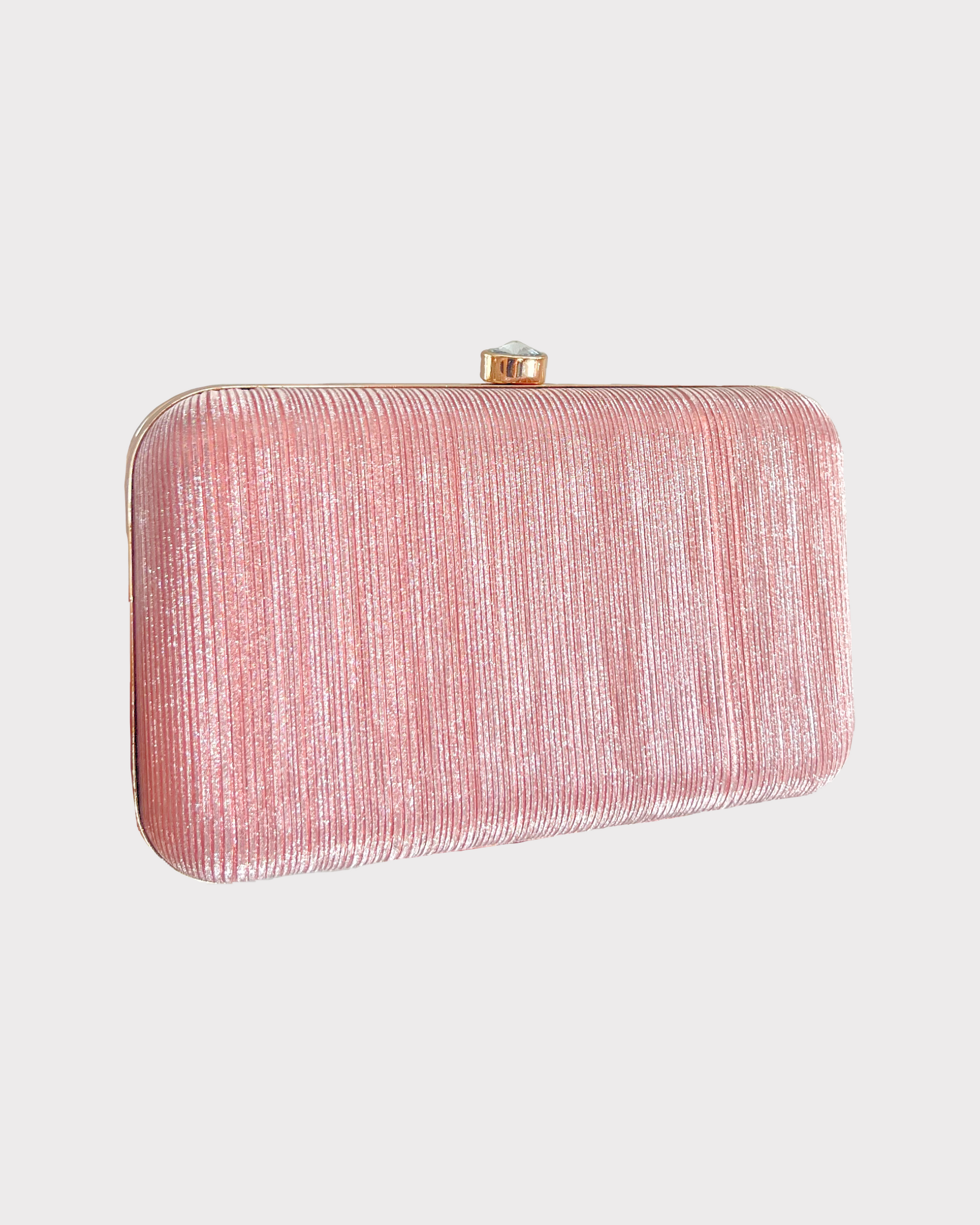 premium pink rose gold colored clutch purse bag in high quality fabric with crystal rhinestone work with 2 optional handles and securely locking clutch in an attractive pattern by Oviya 