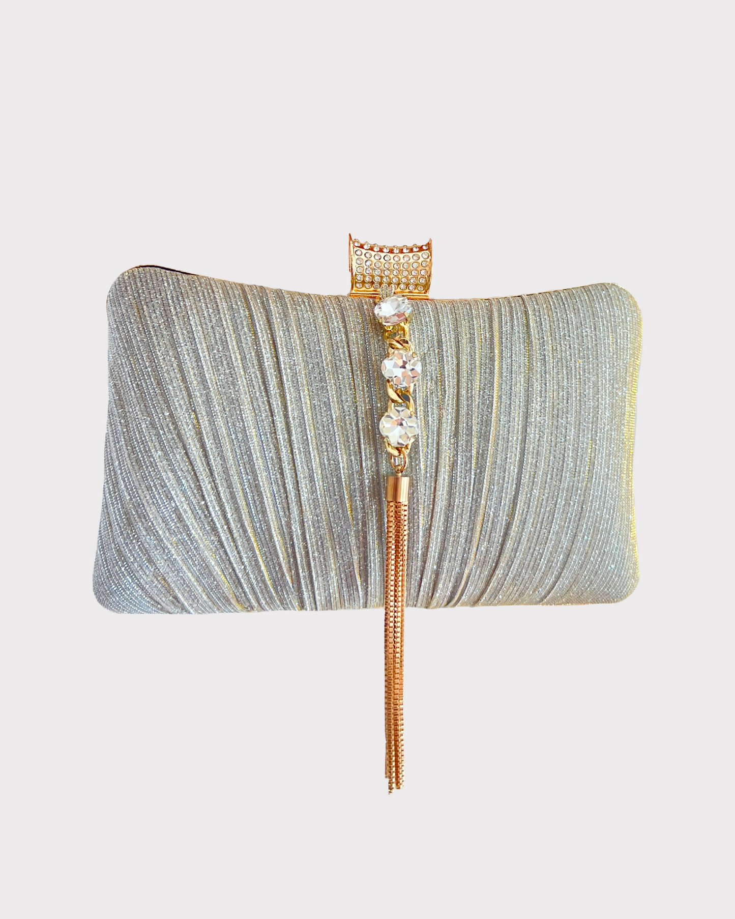 premium silver gold colored clutch purse bag in high quality fabric with crystal tassle and rhinestones work with 2 optional handles and securely locking clutch in an attractive pattern by Oviya 