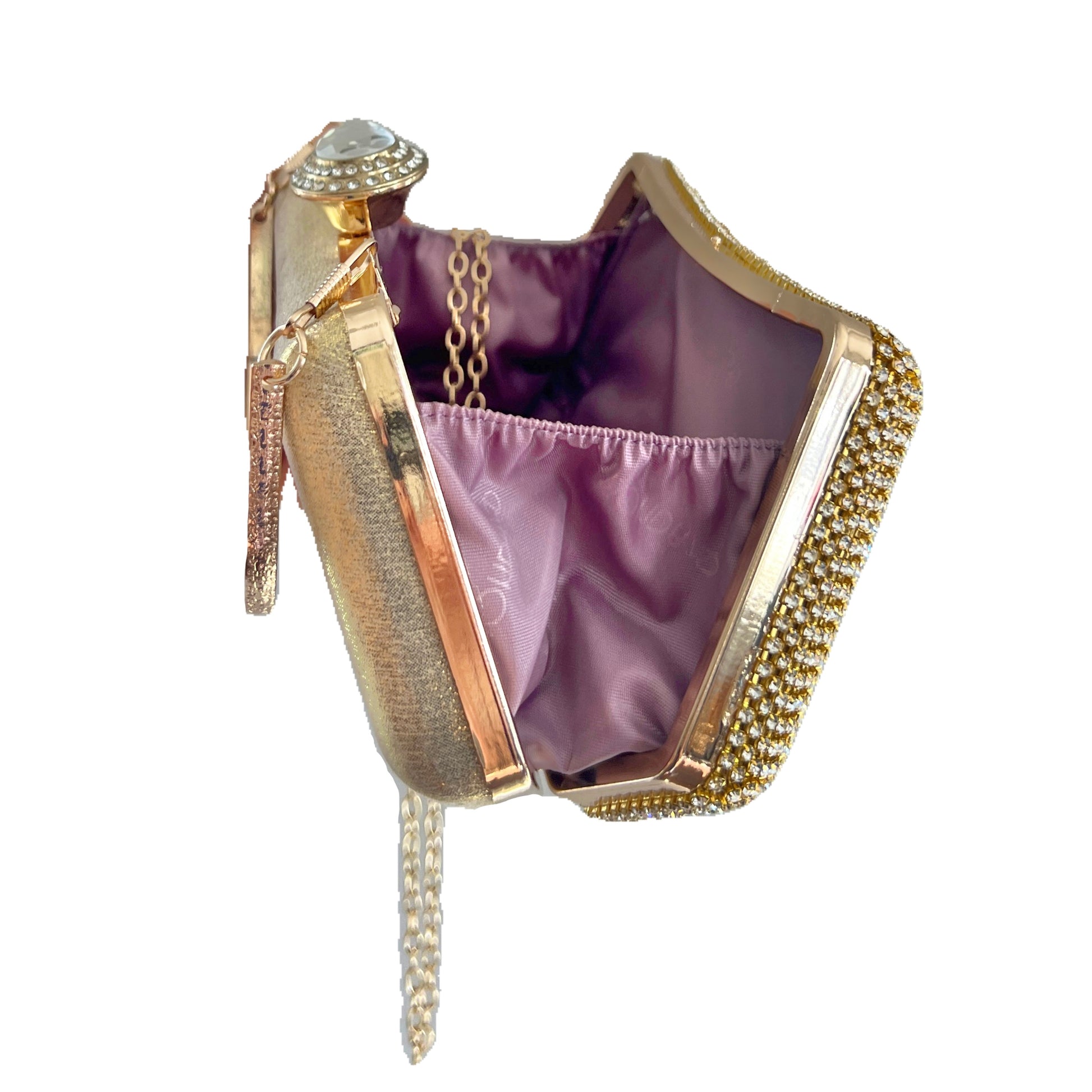 premium gold colored clutch purse bag in crystal rhinestone work with 2 optional handles and securely locking clutch in an attractive pattern by Oviya 