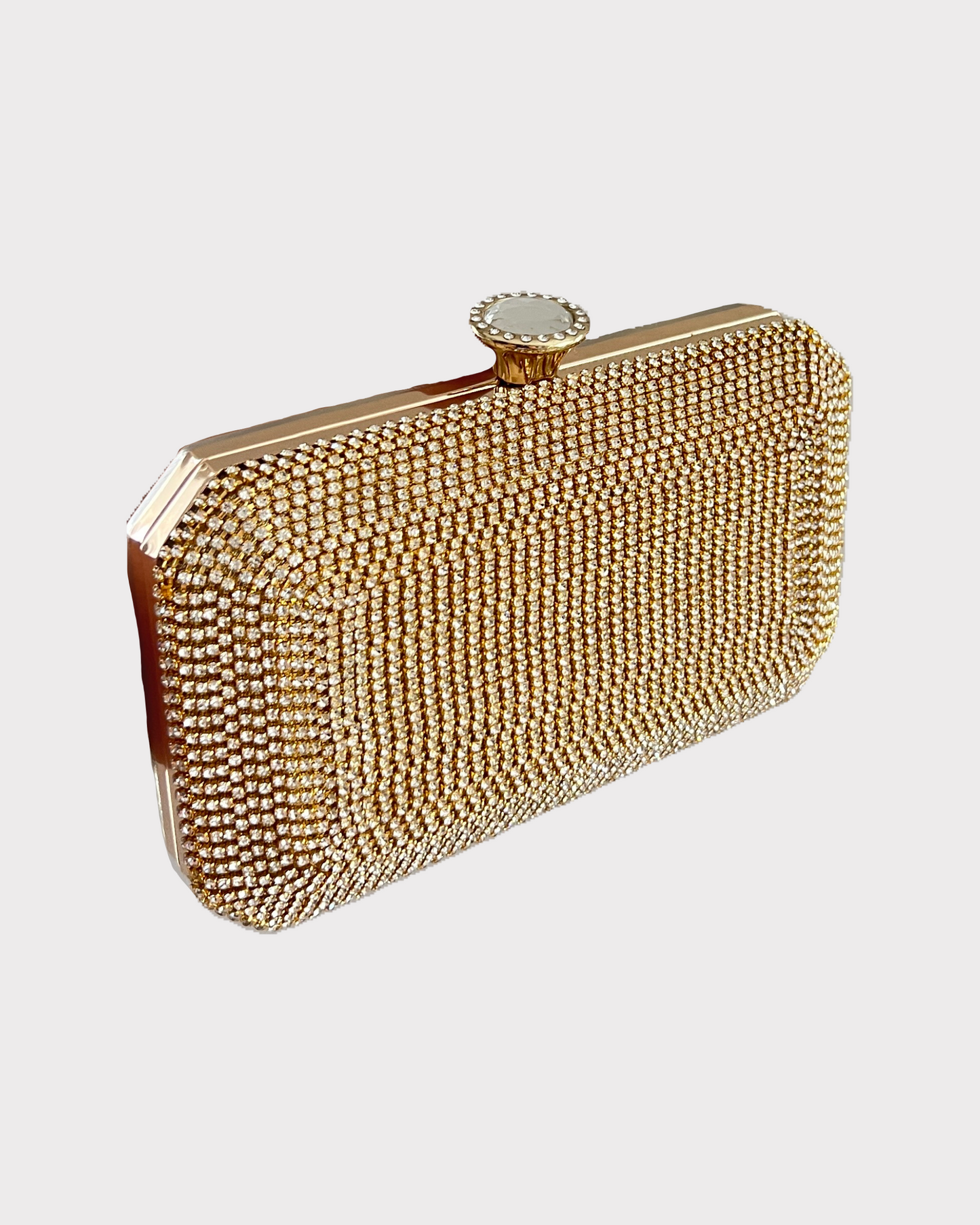 premium gold colored clutch purse bag with high quality fabric and crystal rhinestone work with 2 optional handles and securely locking clutch in an attractive pattern by Oviya 