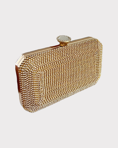 premium gold colored clutch purse bag with high quality fabric and crystal rhinestone work with 2 optional handles and securely locking clutch in an attractive pattern by Oviya 