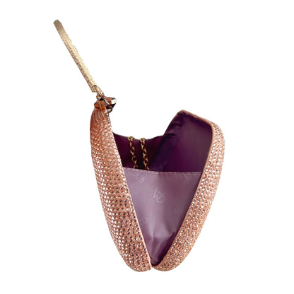 premium rose gold colored clutch purse bag in stone work with 2 optional handles and securely locking clutch in an attractive pattern by Oviya 