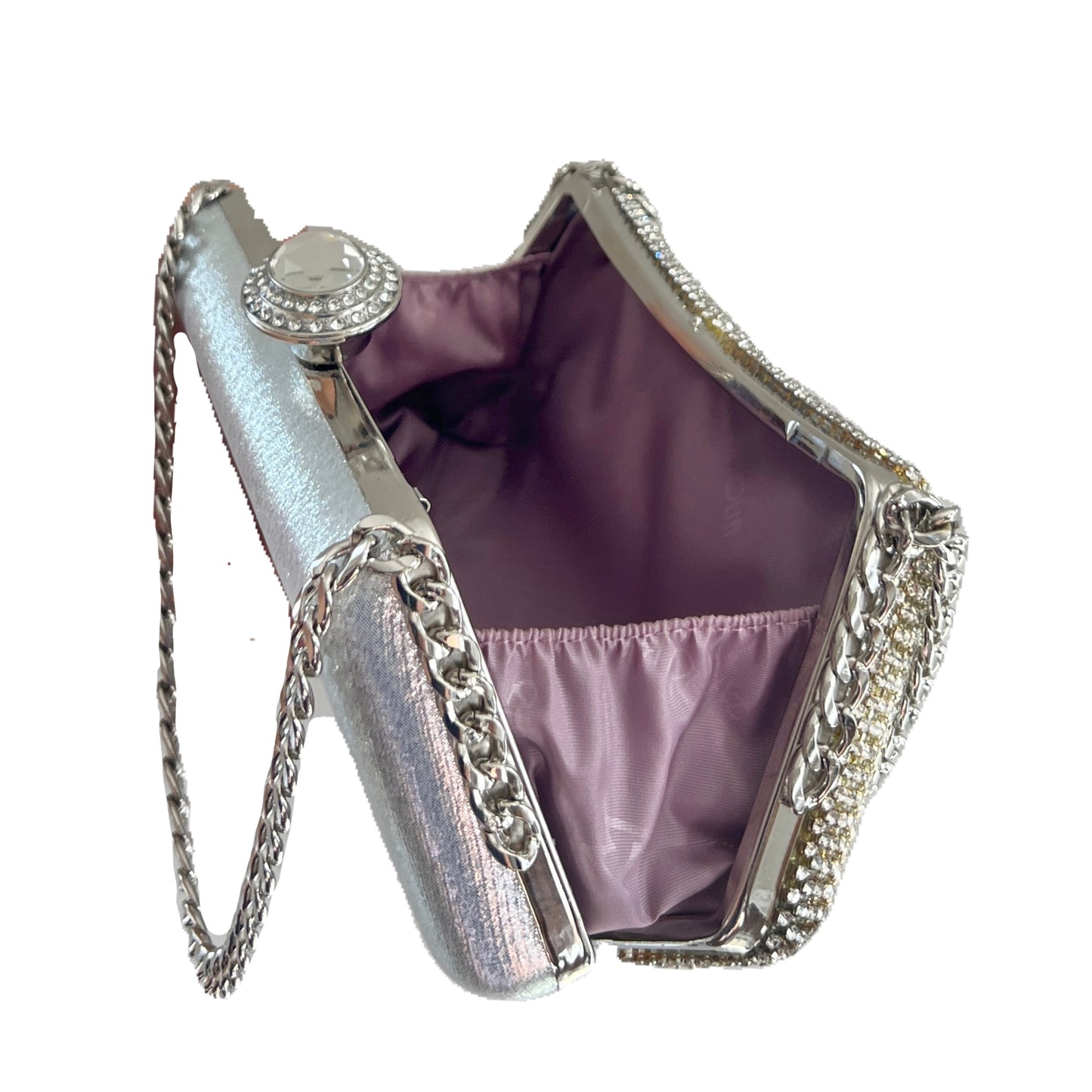 premium silver white colored clutch purse bag in crystal rhinestone work with handle and securely locking clutch in an attractive pattern by Oviya 