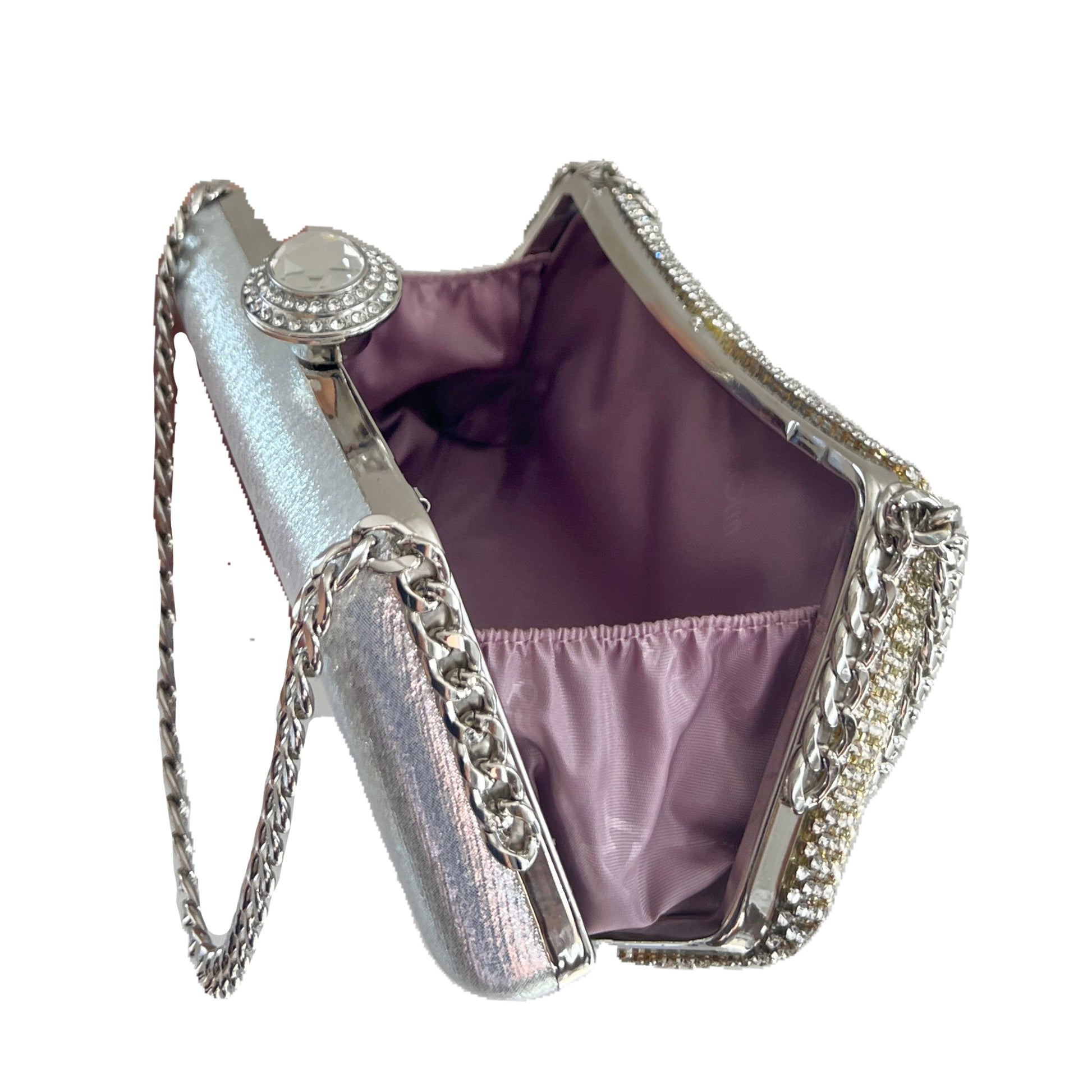 premium silver white colored clutch purse bag in crystal rhinestone work with handle and securely locking clutch in an attractive pattern by Oviya 