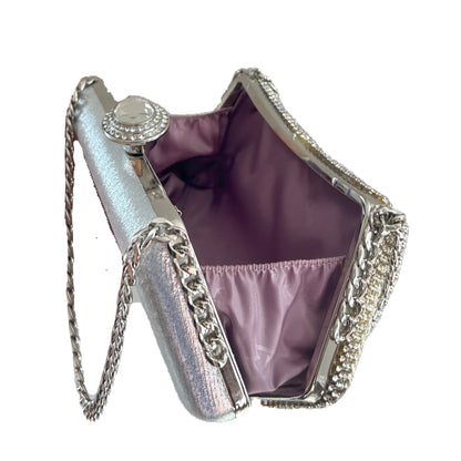 premium silver white colored clutch purse bag in crystal rhinestone work with handle and securely locking clutch in an attractive pattern by Oviya 
