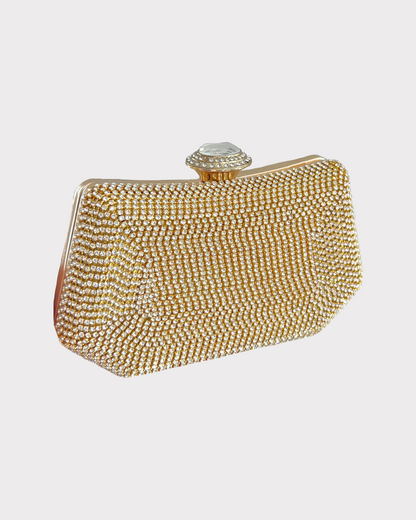 premium gold colored rhinestones clutch bag with crystal/ diamond and securely locking clutch in an attractive pattern by Oviya 